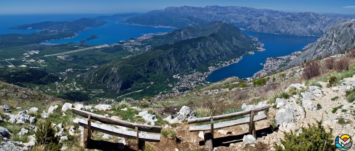 The road from Lovćen to Kotor with the views of Boka Bay, Tivat and the runway of the airfield, Montenegro